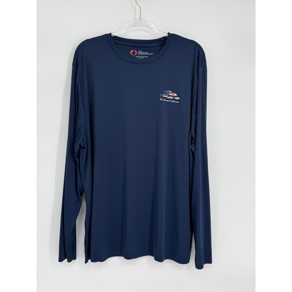 The American Outdoorsman Mens XXL Navy Blue USA Fish Flag Performance Shirt Long